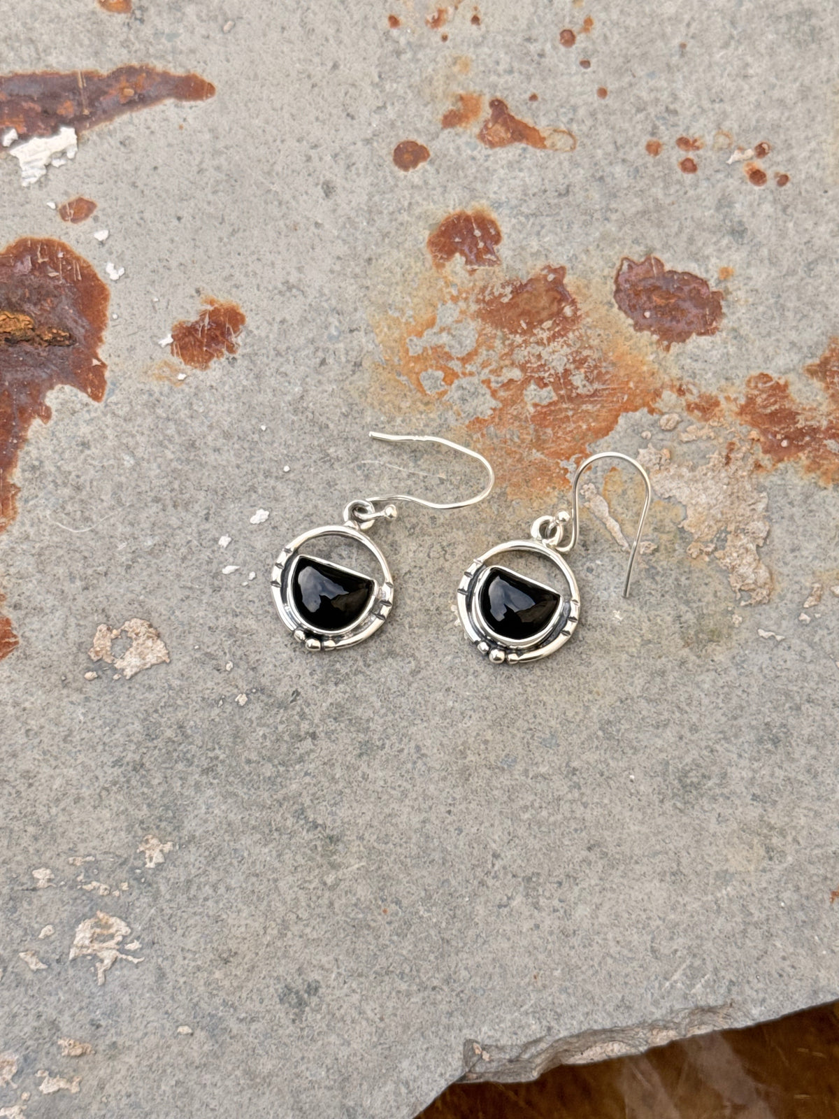 925 Sterling Silver Black Onyx Half Round Rustic Contemporary Style Hook Earrings