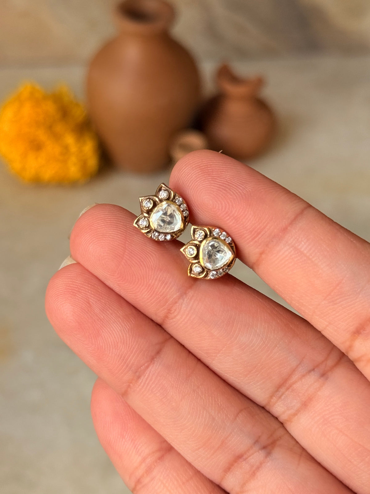 925 Sterling Silver Gold Plated Moissanite Polki Studs Earrings