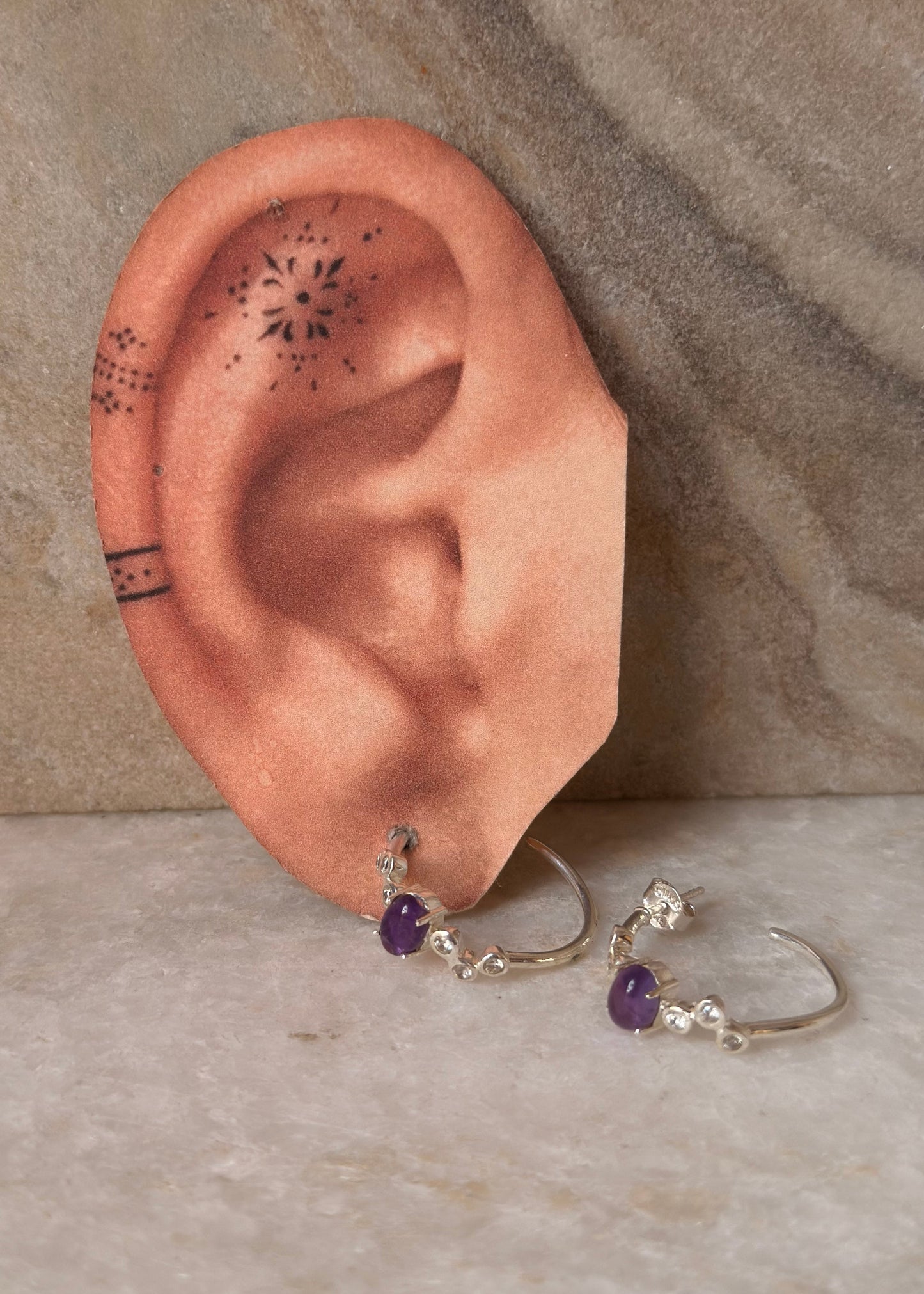 925 Sterling Silver Amethyst Cz Half Hoops Earrings