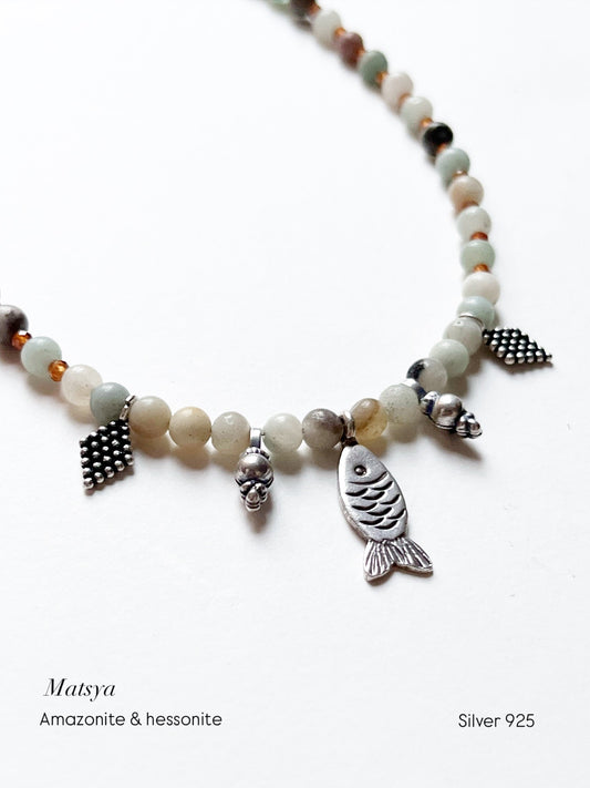 Matsya / Fish Amazonite & Hessonite Boho Choker Handcrafted Sterling Silver 925 Necklace