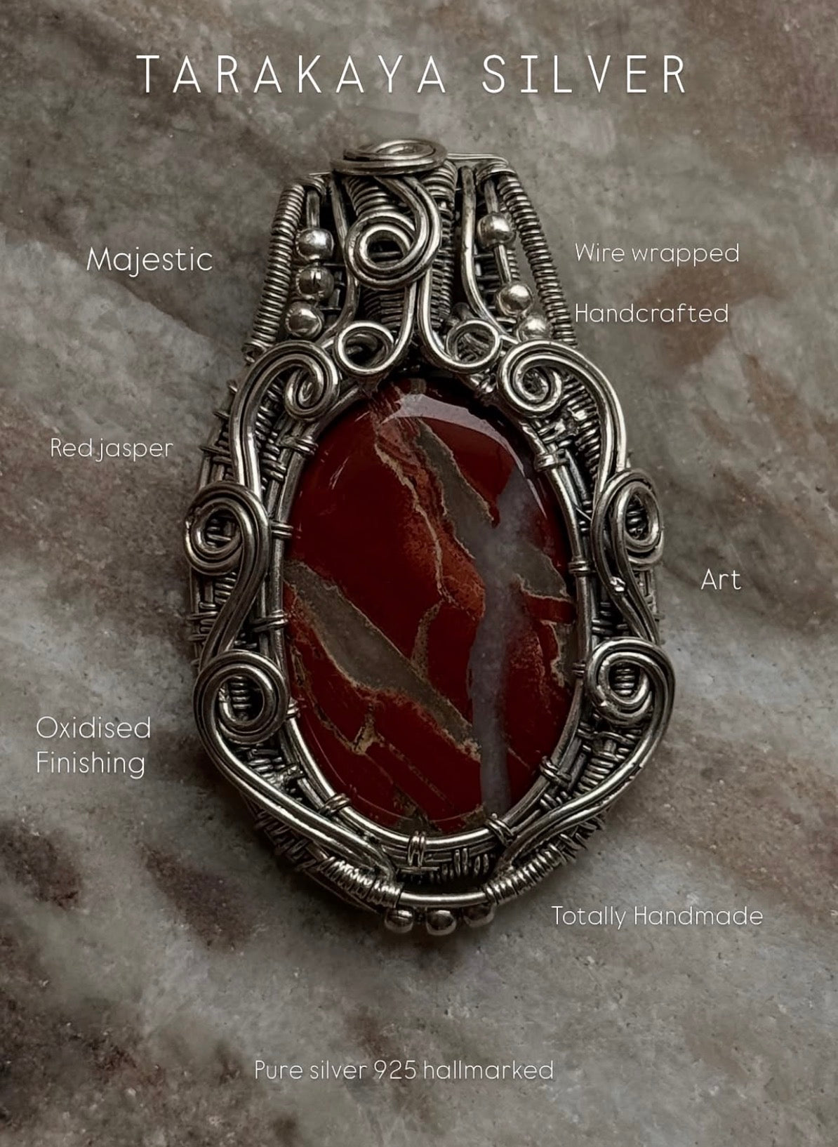 925 Sterling Silver Red Jasper Crystal Wire Wrapped Statement Pendant