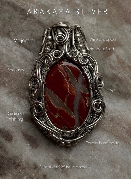 925 Sterling Silver Red Jasper Crystal Wire Wrapped Statement Pendant