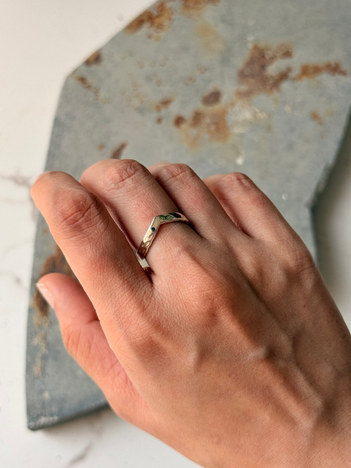 925 Sterling Silver V Hammered Adjustable Stackable Ring