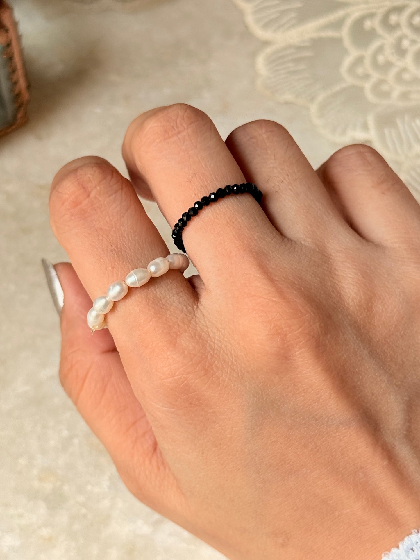 Natural Crystal Stretchy Fresh Water Pearl & Black Spinel Rings