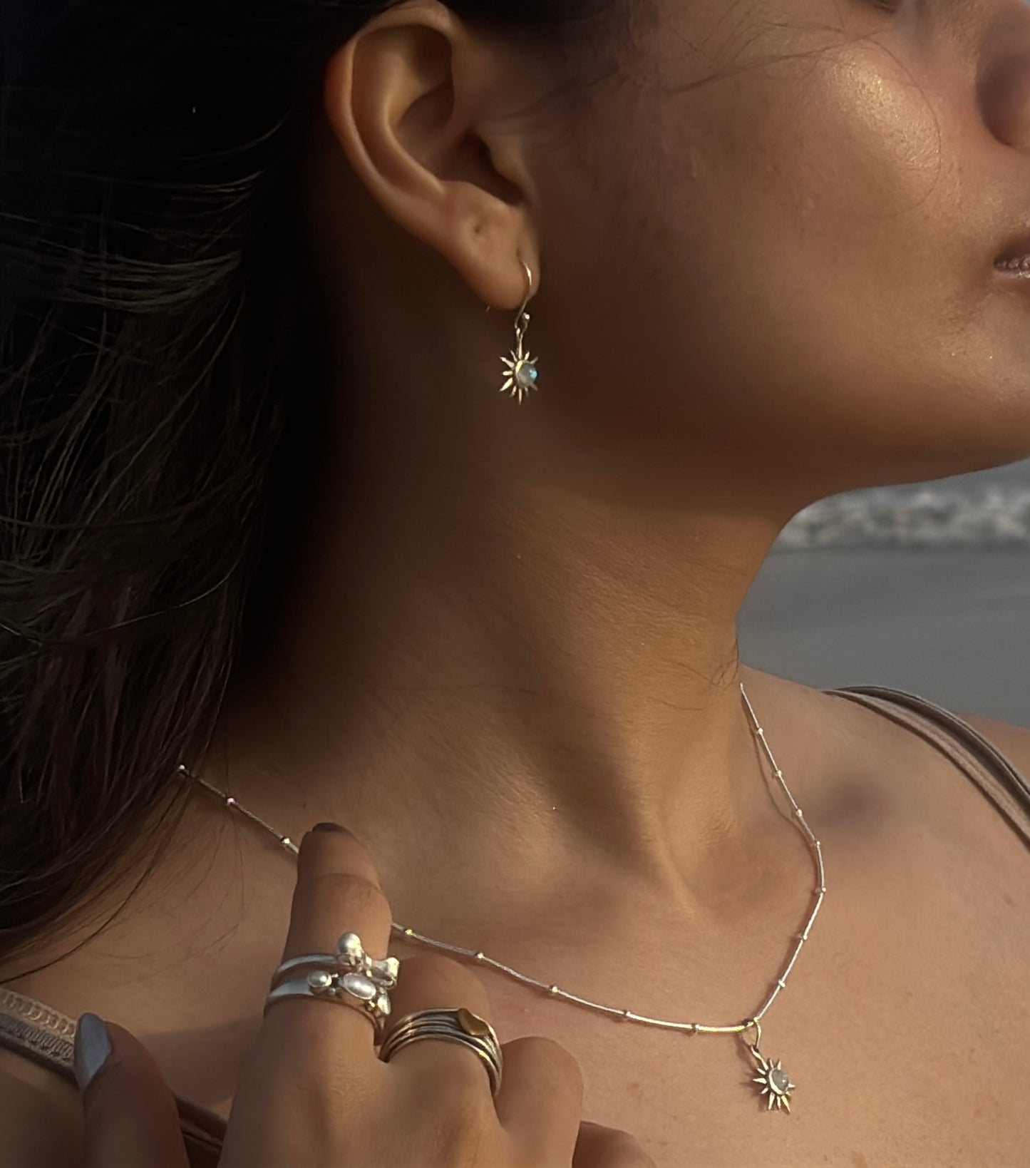 925 Sterling Silver Sunshine Moonstone Earrings & Necklace Set