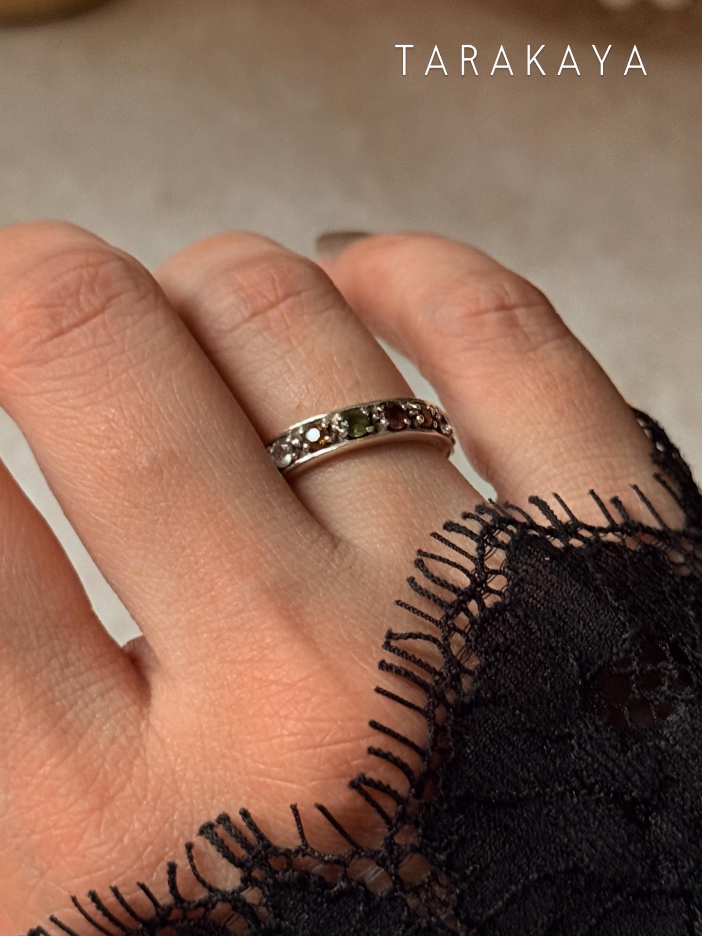 925 Sterling Silver Natural Multi Tourmaline Faceted Eternity Black Band Ring