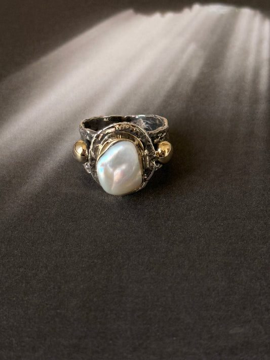 925 Sterling Silver Baroque Pearl Rustic Fusion Handcrafted Ring