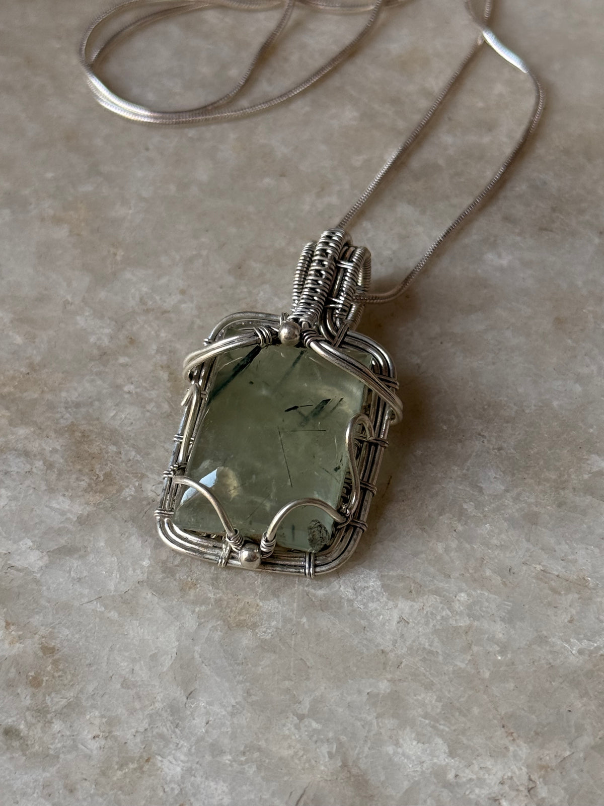 925 Sterling Silver Pherenite  Rectangle Wire Wrapped Handcrafted One of a Kind Pendant