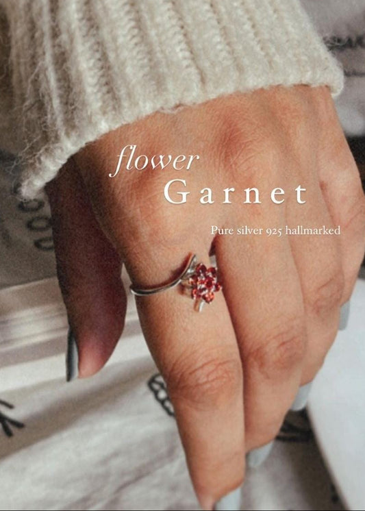 925 sterling silver statement ring featuring a large garnet flower design