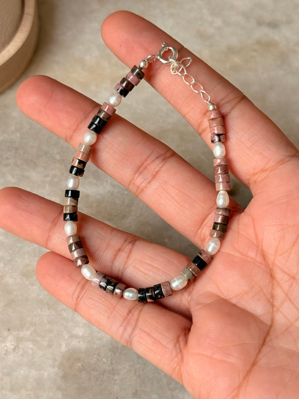 925 Sterling Silver Rhodonite Flat Tube Crystal Fresh Water Pearls Bracelet