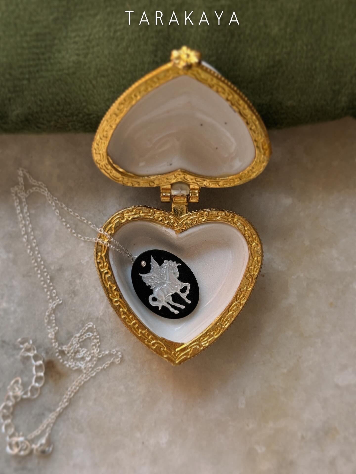 925 Sterling Silver Black Onyx, Mother of Pearl Unicorn Carved Handcrafted Necklace