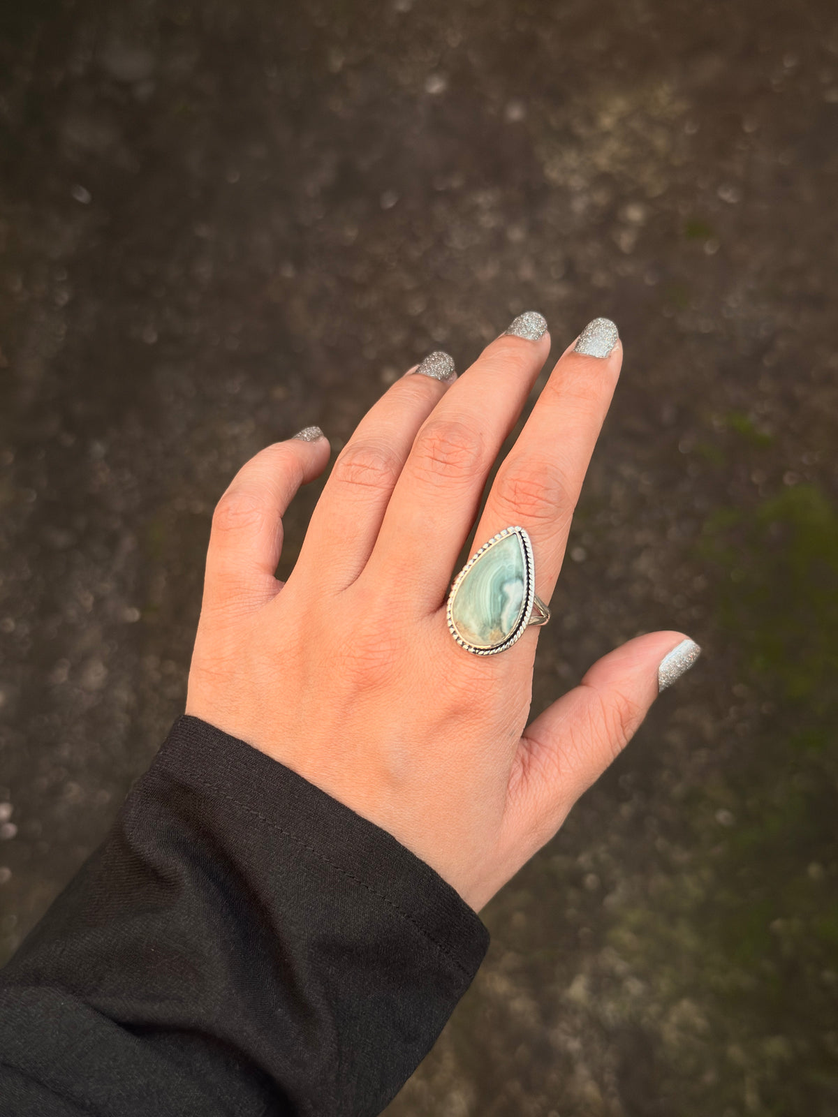 925 Sterling Silver Blue Agate Pear Boho Ring