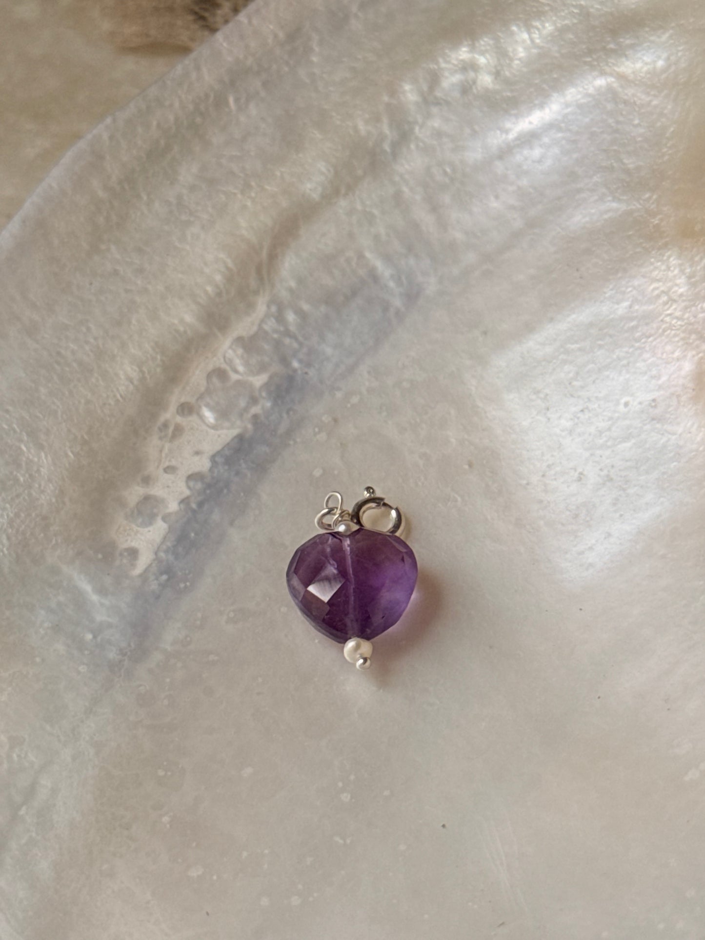 925 Sterling Silver Amethyst Heart with Pearl Crystal Charm