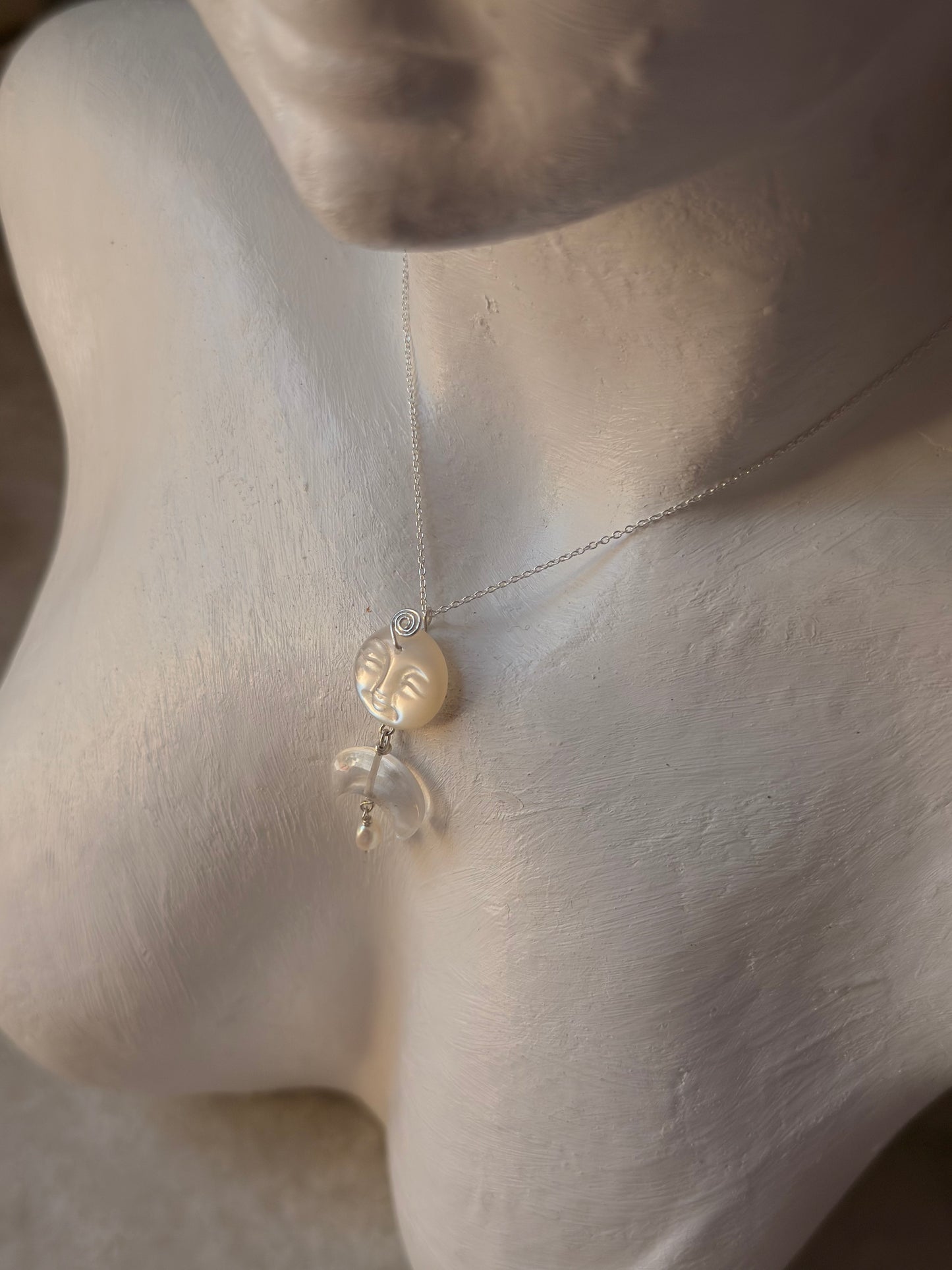 925 Sterling Silver Mother of Pearl Full Moon Face Spiral Carved, Clear Quartz Moon Handcrafted Necklace
