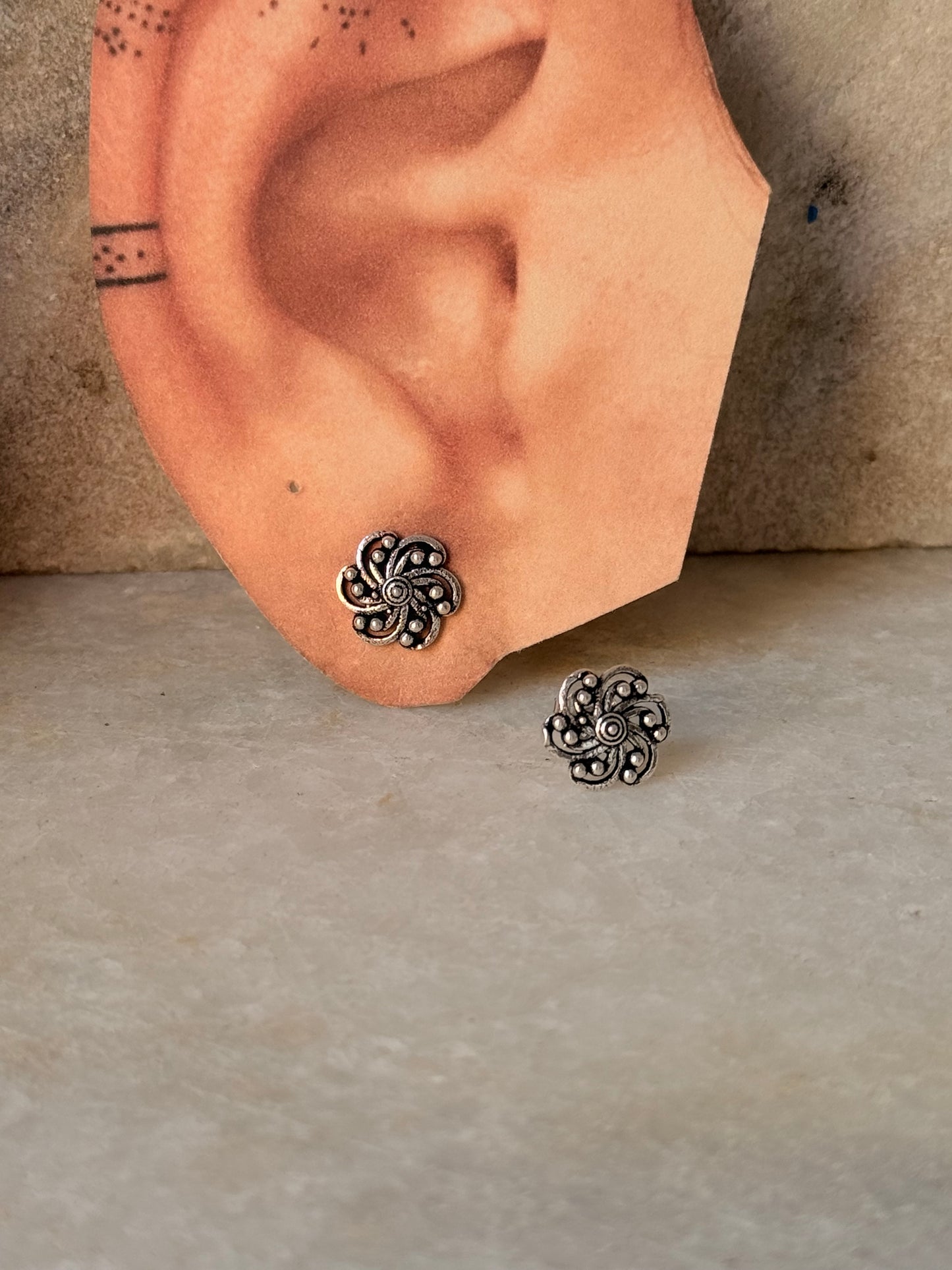 925 Sterling Silver Antique Plain Oxidised Boho Studs Earrings