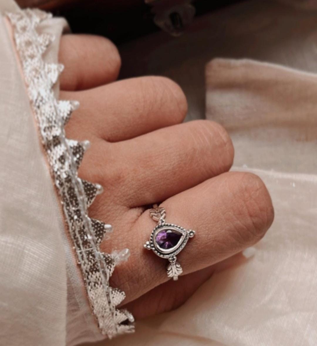 Amethyst Pear Cut Boho Silver Ring