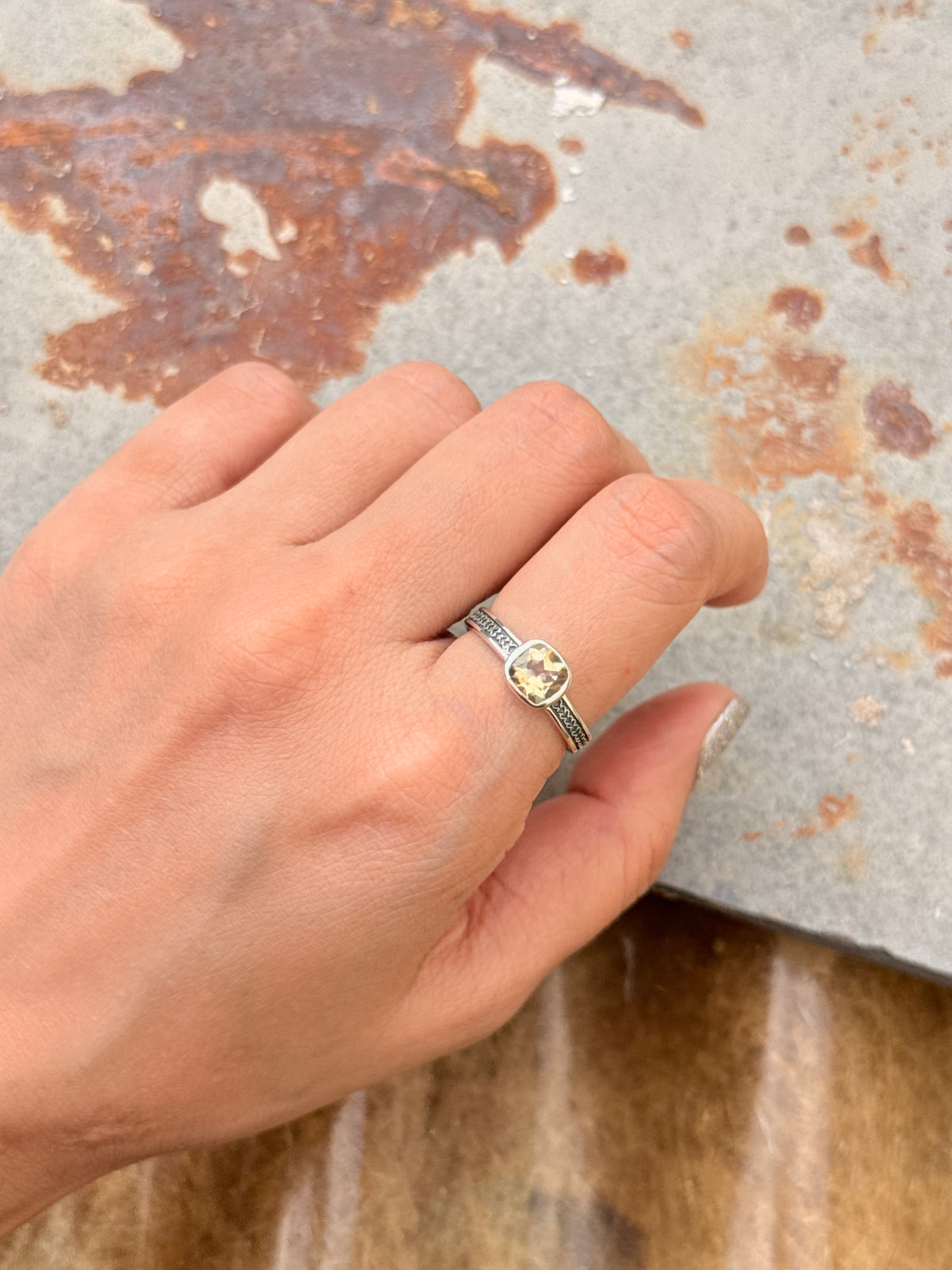 925 Sterling Silver Citrine Square Vintage Band Ring