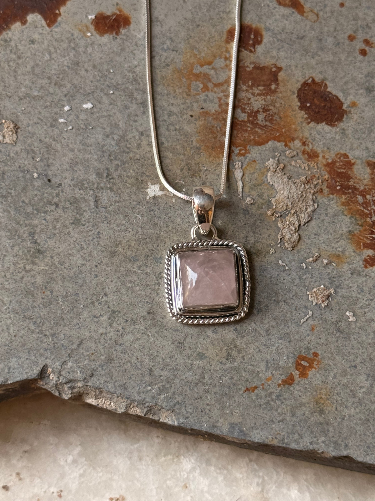 925 Sterling Silver Rose Quartz Square Pendant