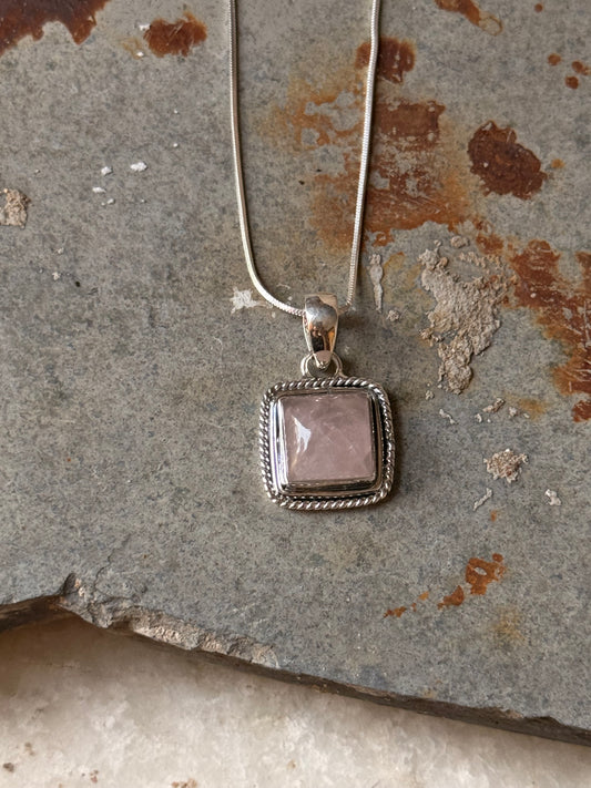 925 Sterling Silver Rose Quartz Square Pendant