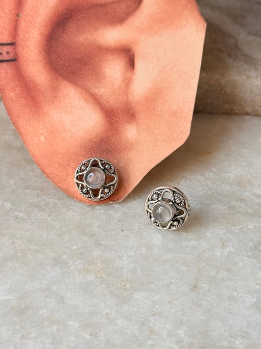 925 Sterling Silver Rose Quartz Flower Studs Earrings