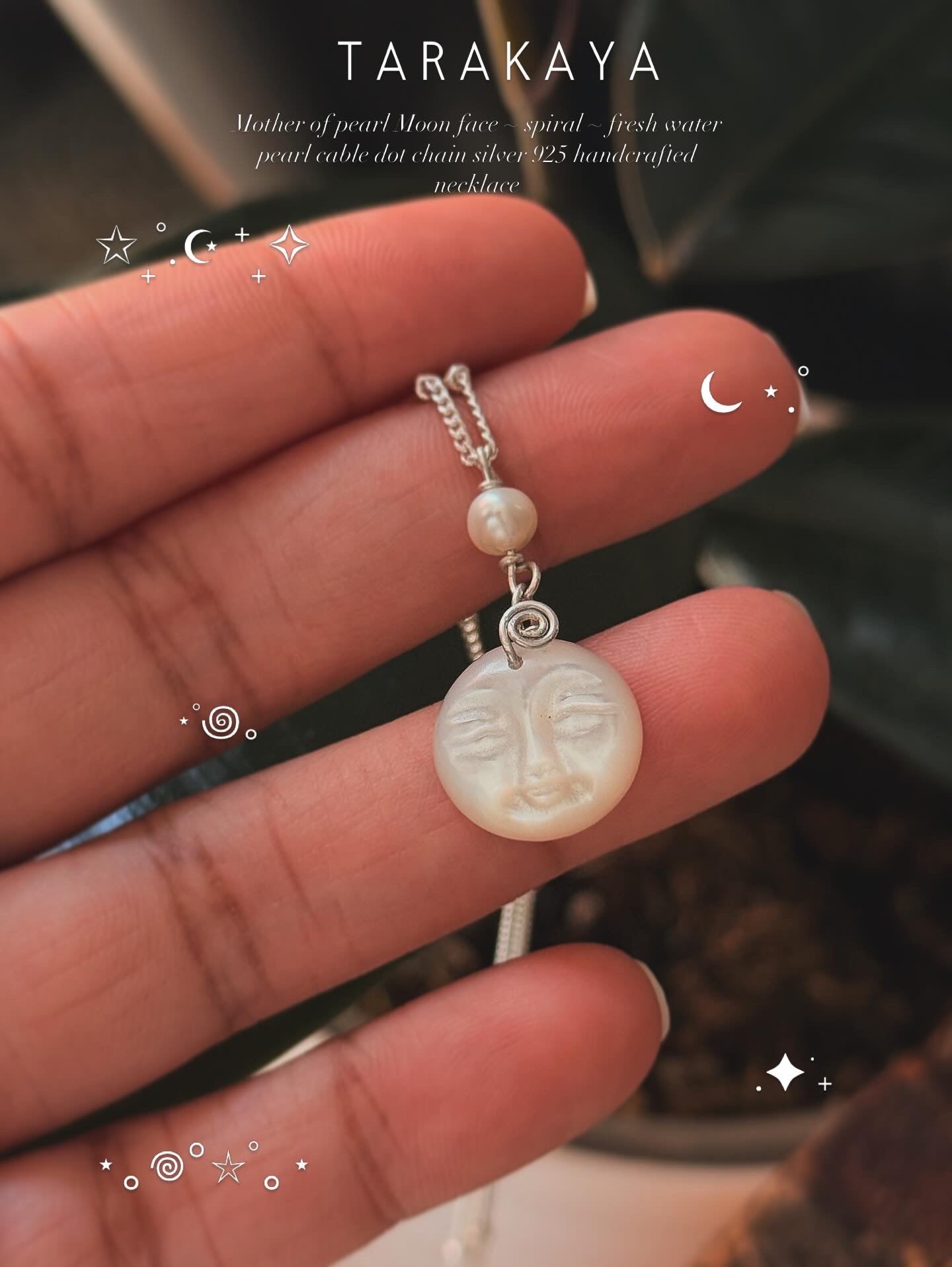 925 Sterling Silver Mother of Pearl Moon Face, Fresh Water Pearl Spiral Cable Dot Handcrafted Necklace