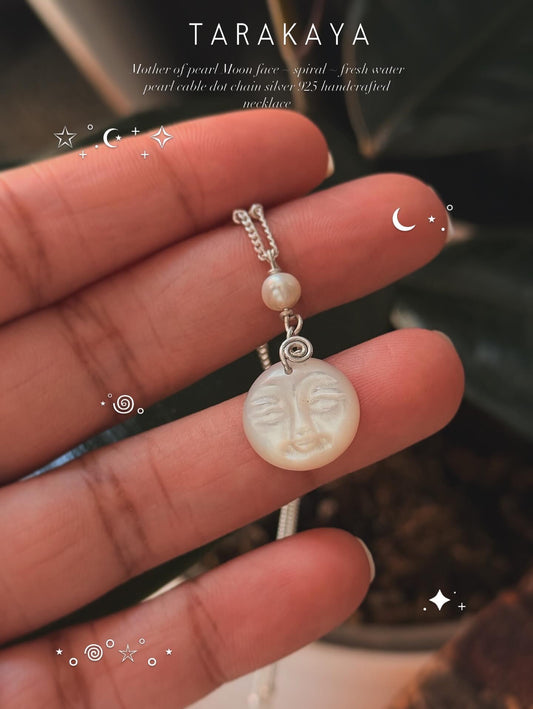 925 Sterling Silver Mother of Pearl Moon Face, Fresh Water Pearl Spiral Cable Dot Handcrafted Necklace