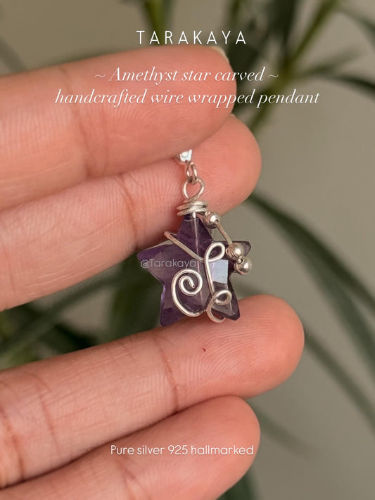 925 Sterling Silver Amethyst Star Wire Wrapped Handcrafted Pendant
