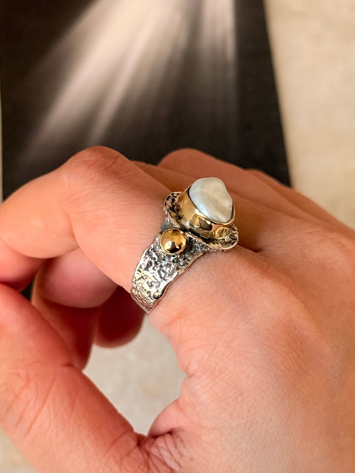 925 Sterling Silver Baroque Pearl Rustic Fusion Handcrafted Ring