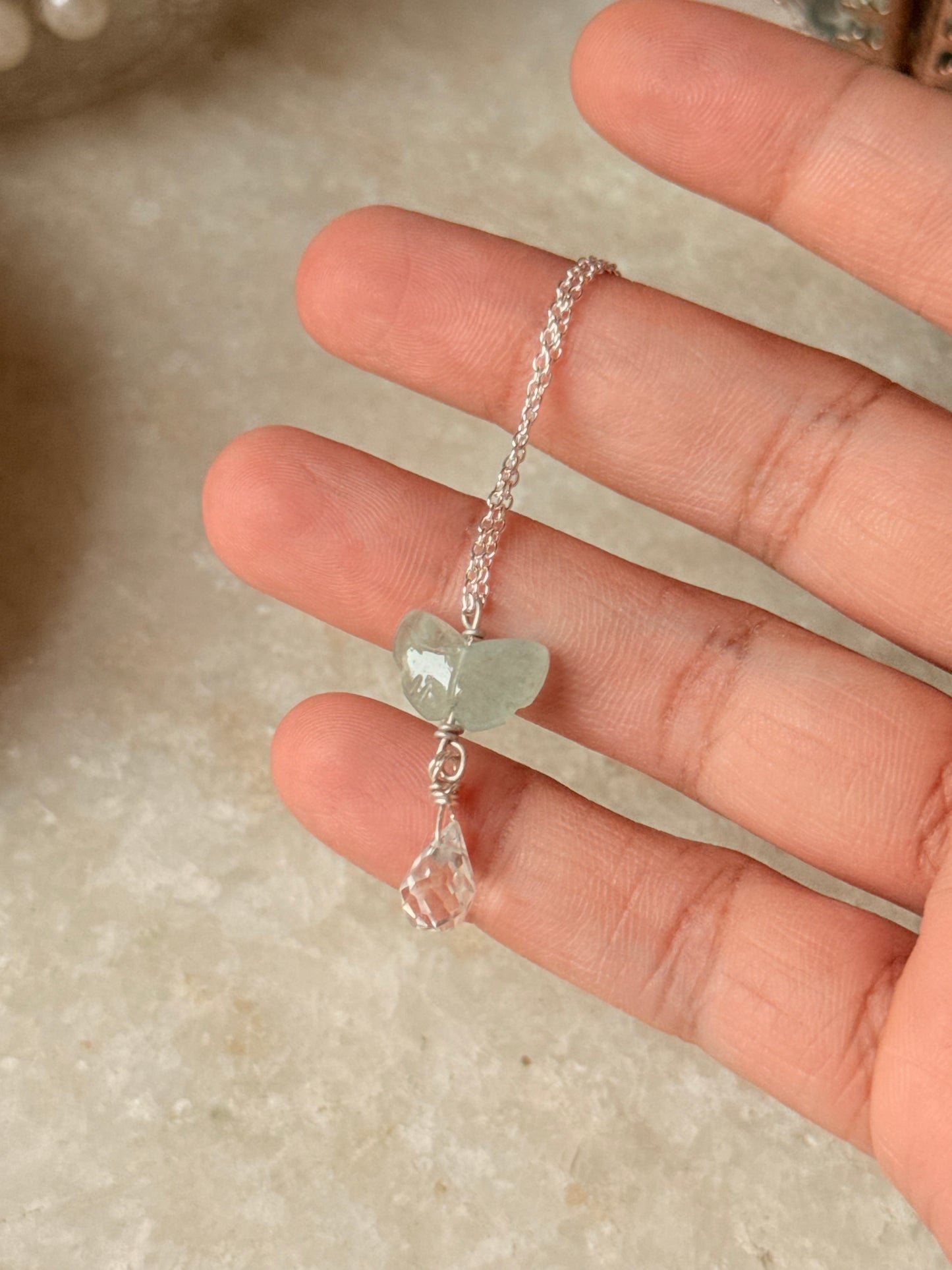 925 Sterling Silver Aquamarine Butterfly, Clear Quartz Drop Handcrafted Necklace