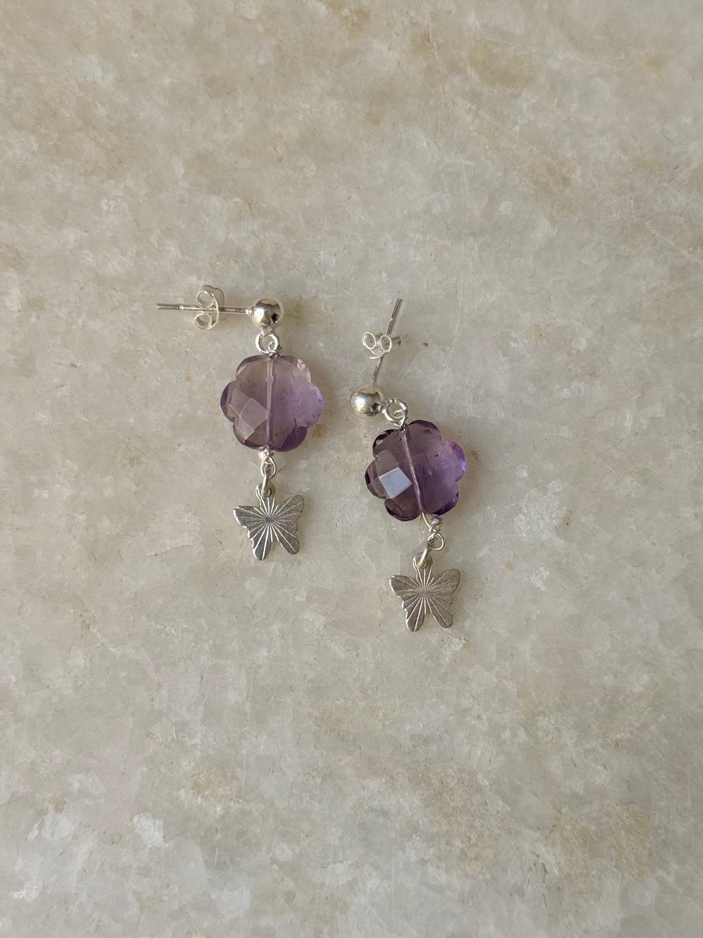 925 Sterling Silver Amethyst Floral Charm Butterfly Handcrafted Studs