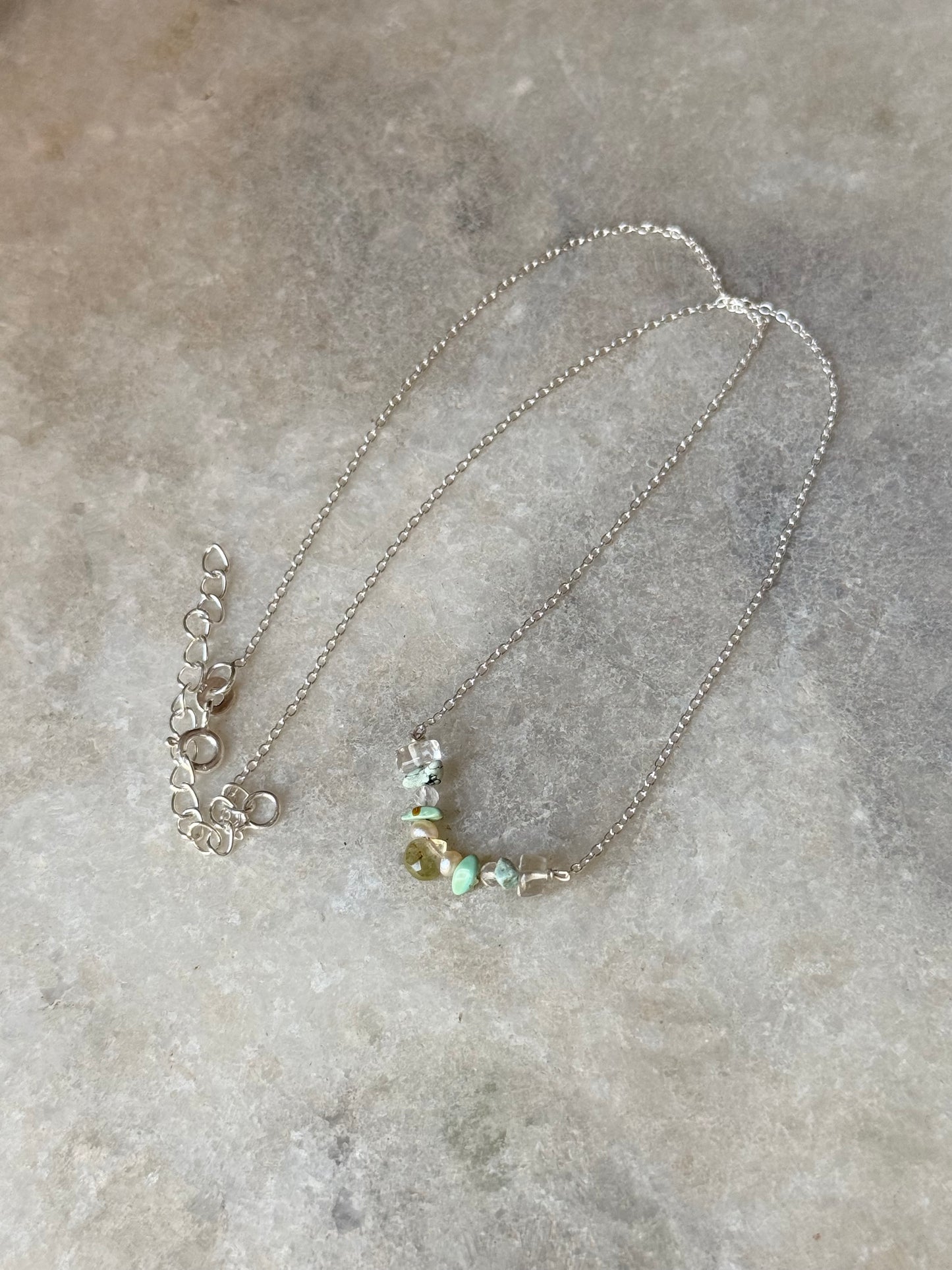 925 Sterling Silver Green Tourmaline Pear, Pearls, Turquoise & Clear Quartz Handcrafted Necklace