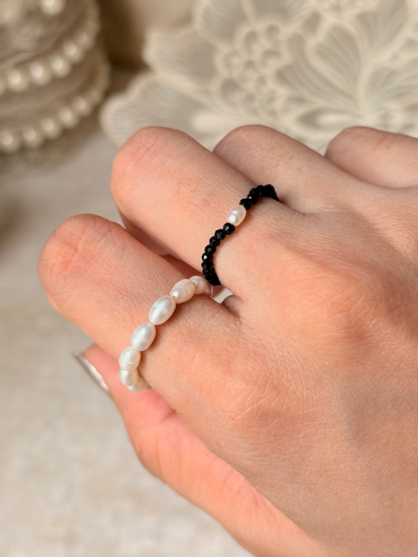 Natural Crystal Stretchy Fresh Water Pearl & Black Spinel Pearl Rings