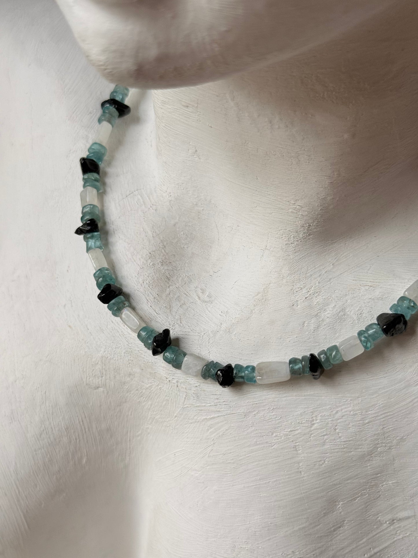 Black Tourmaline, Apatite & Moonstone 925 Sterling Silver Necklace