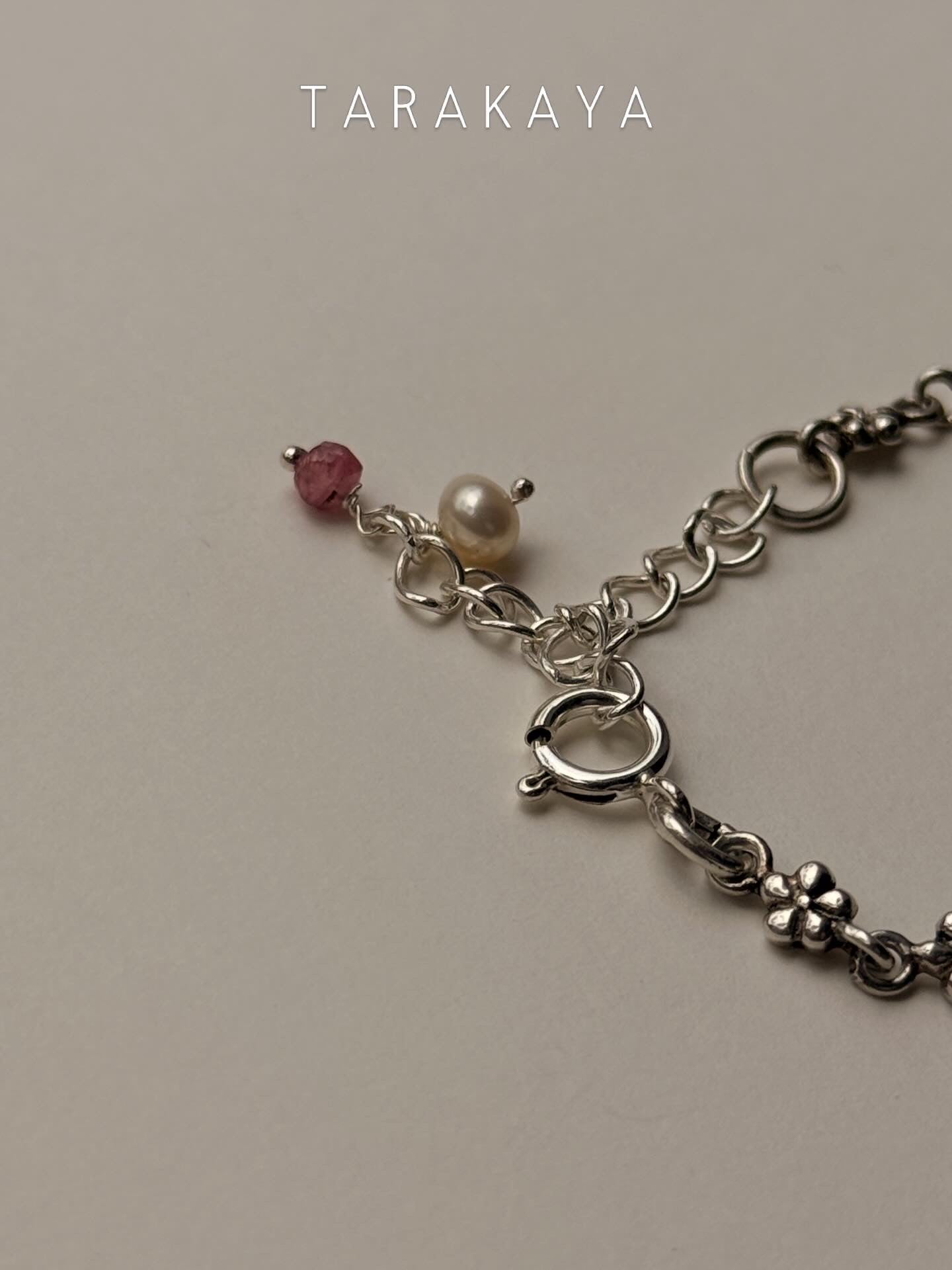 925 Sterling Silver Antique Cherry Blossom Flowers ~ Pink Tourmaline & Fresh Water Pearl Charm Bracelet