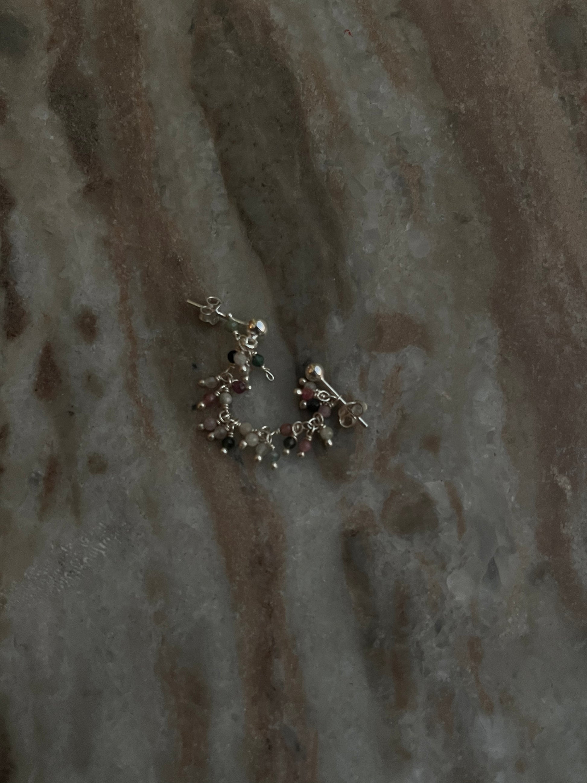 Dual chain connector stud earrings with multi-tourmaline gemstones  