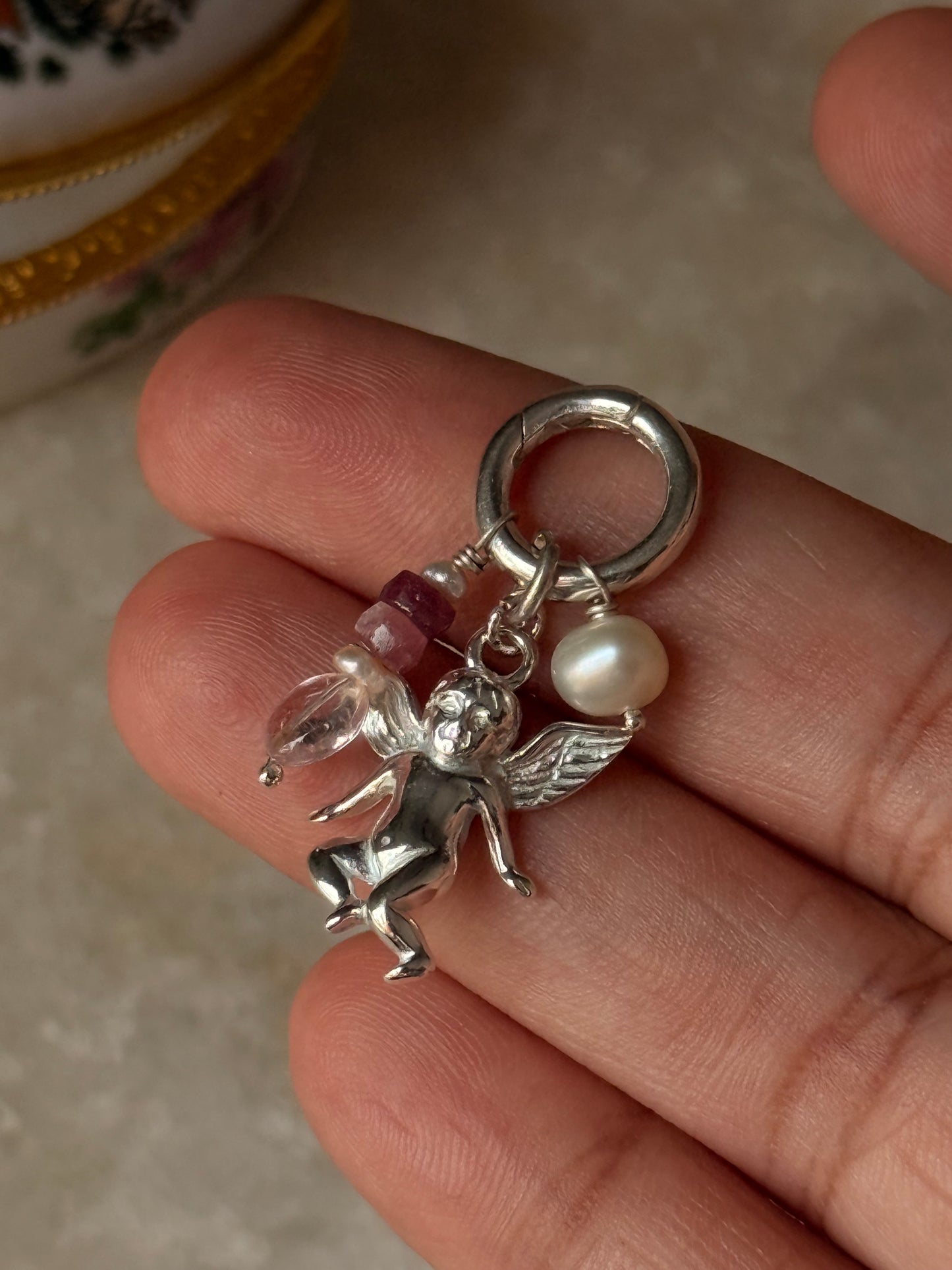 925 Sterling Silver Cherub Angel, Clear Quartz heart, Pearl Charm