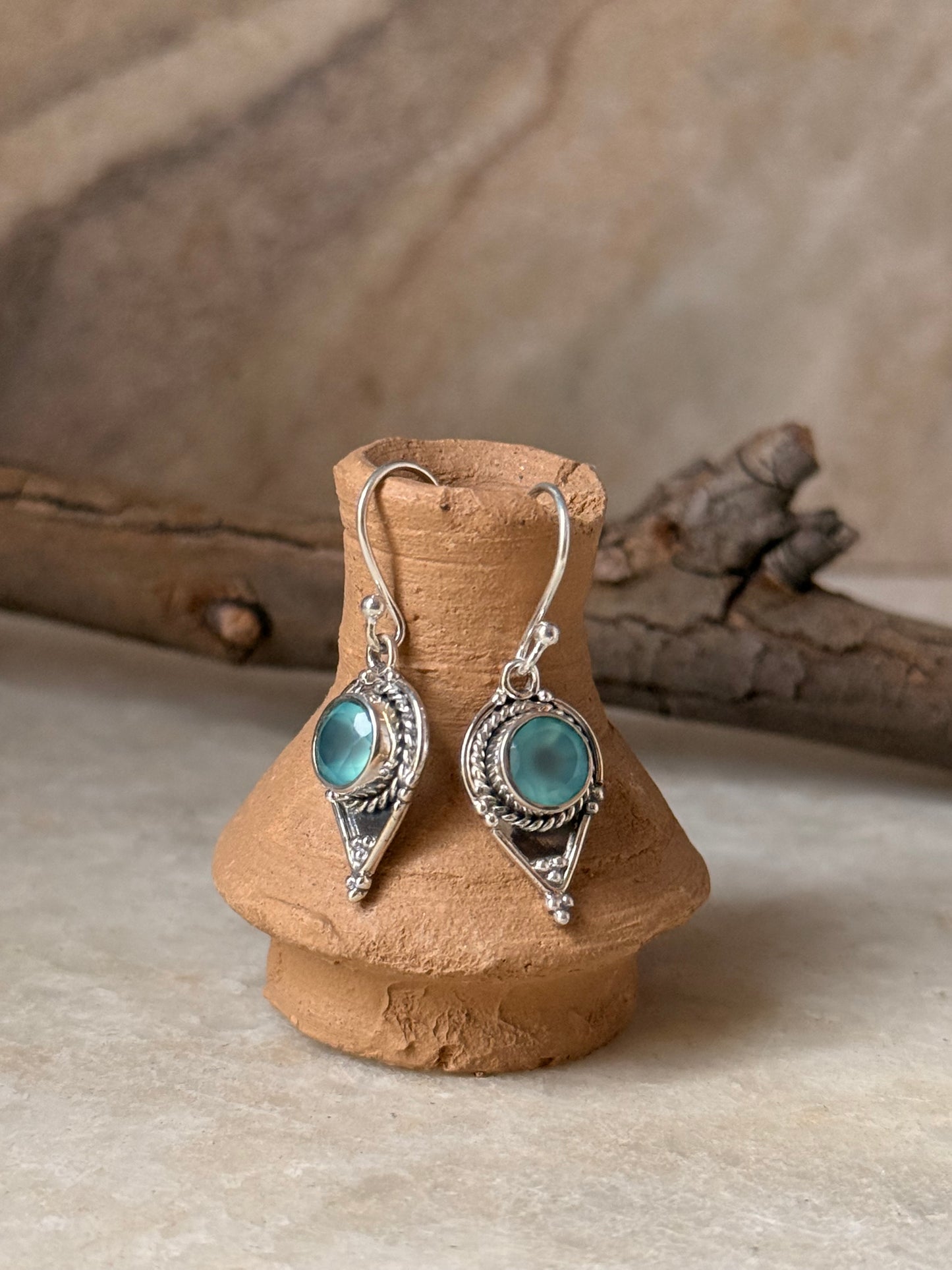 925 Sterling Silver Aqua Chalcedony Boho Rawa Earrings