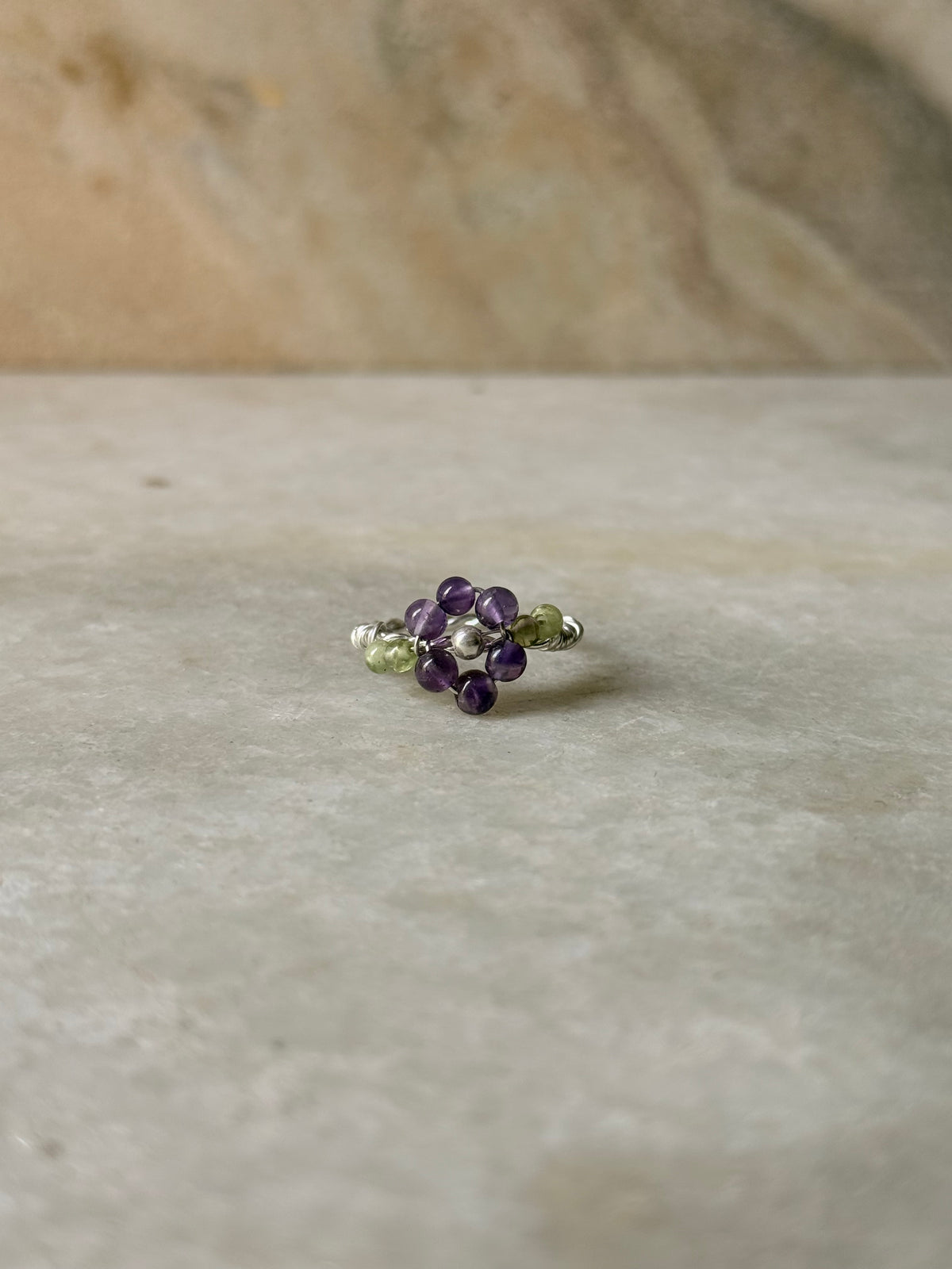 925 Sterling Silver Amethyst & Peridot Floral Wire Wrapped Handcrafted Ring