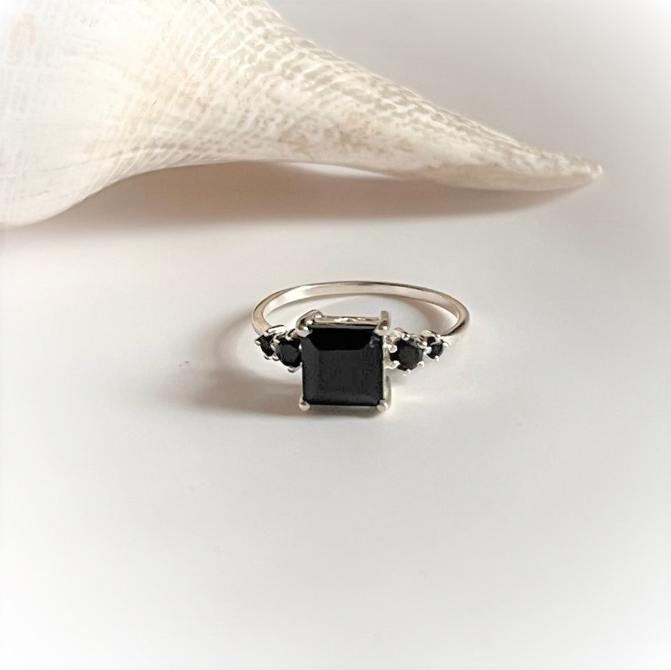 Unique Square Cut Black Onyx Ring in Silver