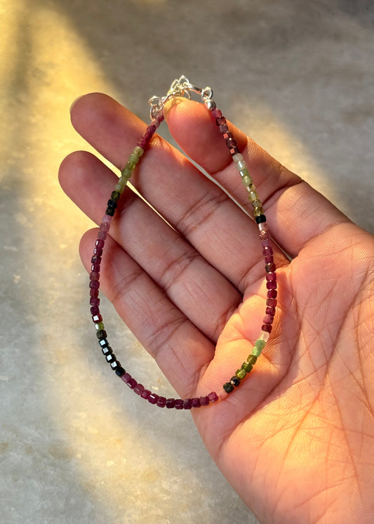 925 Sterling Silver Multi Tourmaline Faceted Box Boho Anklet