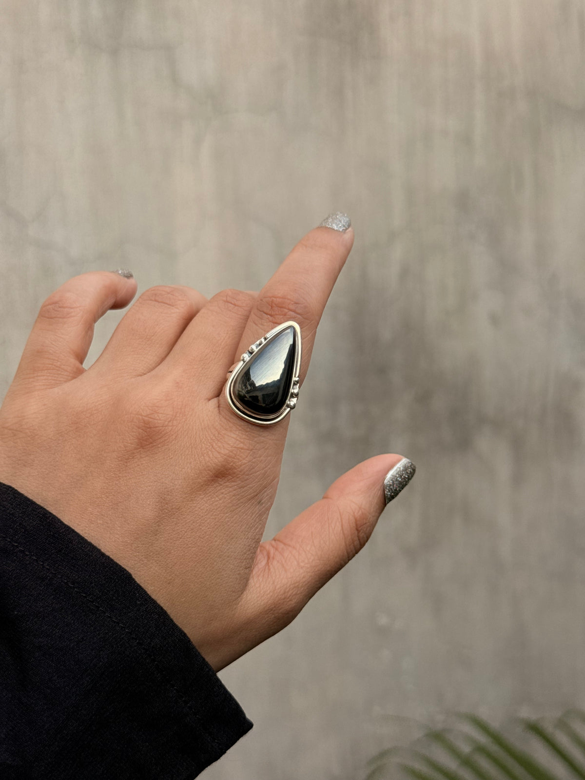 925 Sterling Silver Hematite Pear Statement Ring