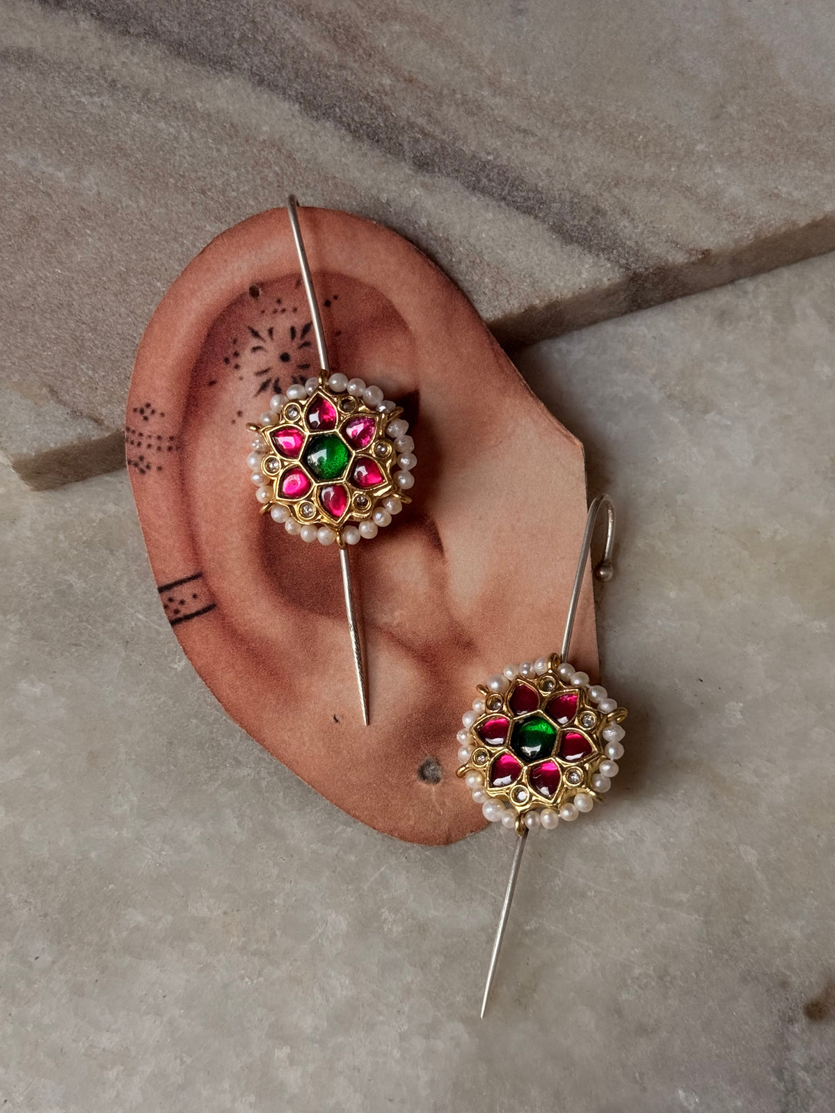 925 Sterling Silver Gold Plated Pink & Green Stone Kundan & Fresh Water Pearls Pirohi Full Ear Cuffs - Dual Tone