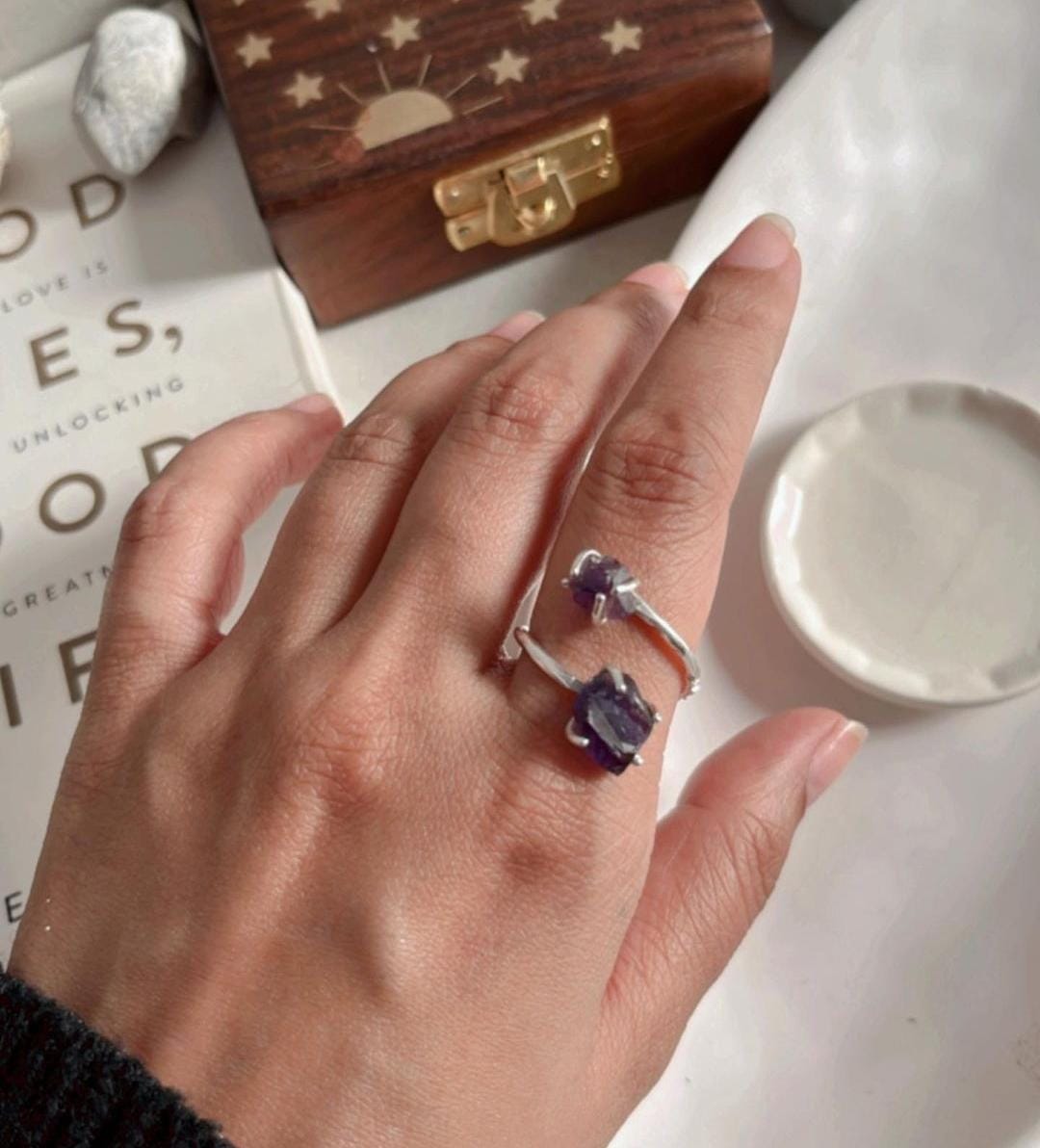 Raw Amethyst Stones on Adjustable Silver Band Ring
