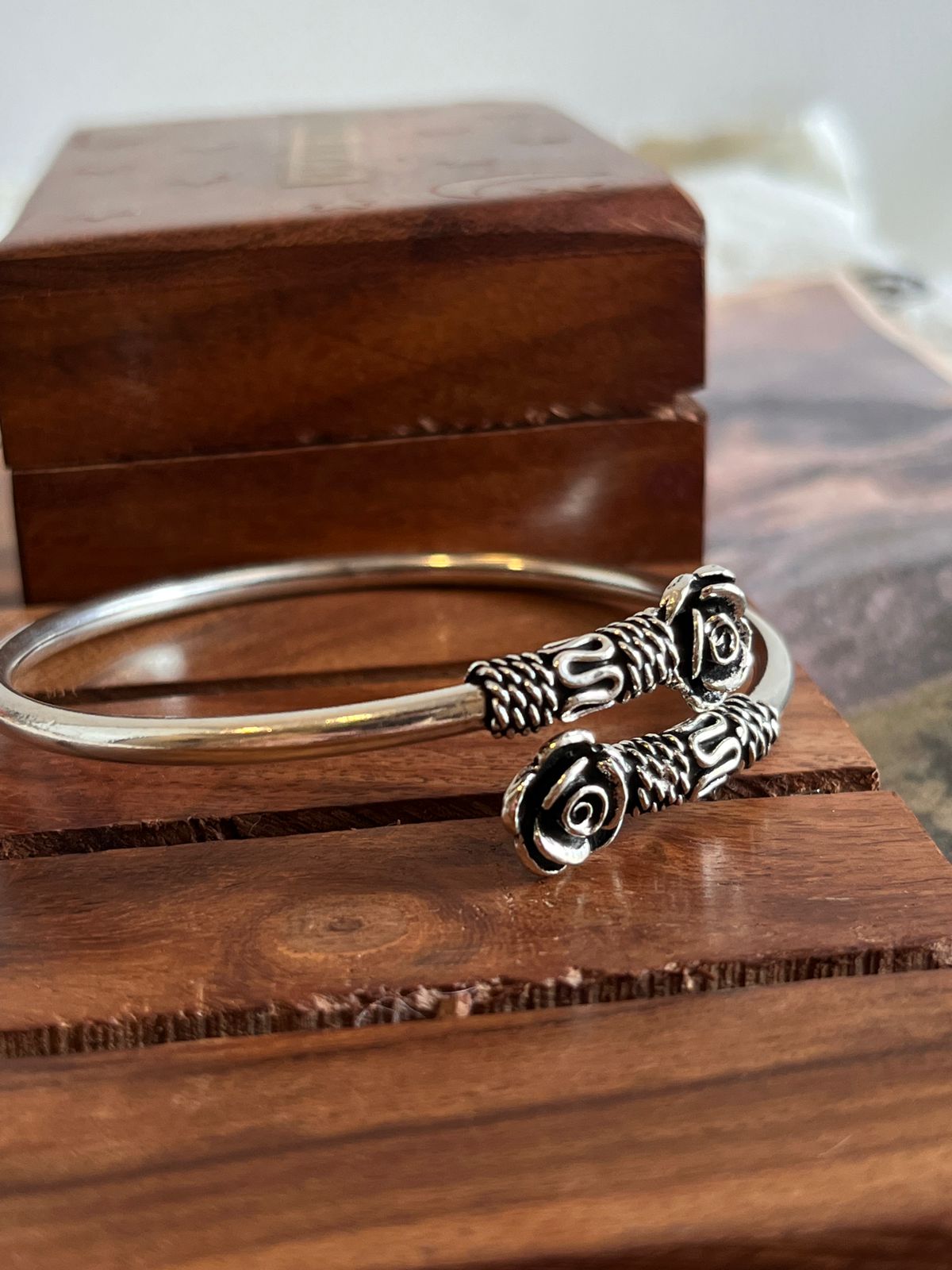 Silver Kada with Antique Rose Design and Adjustable Fit