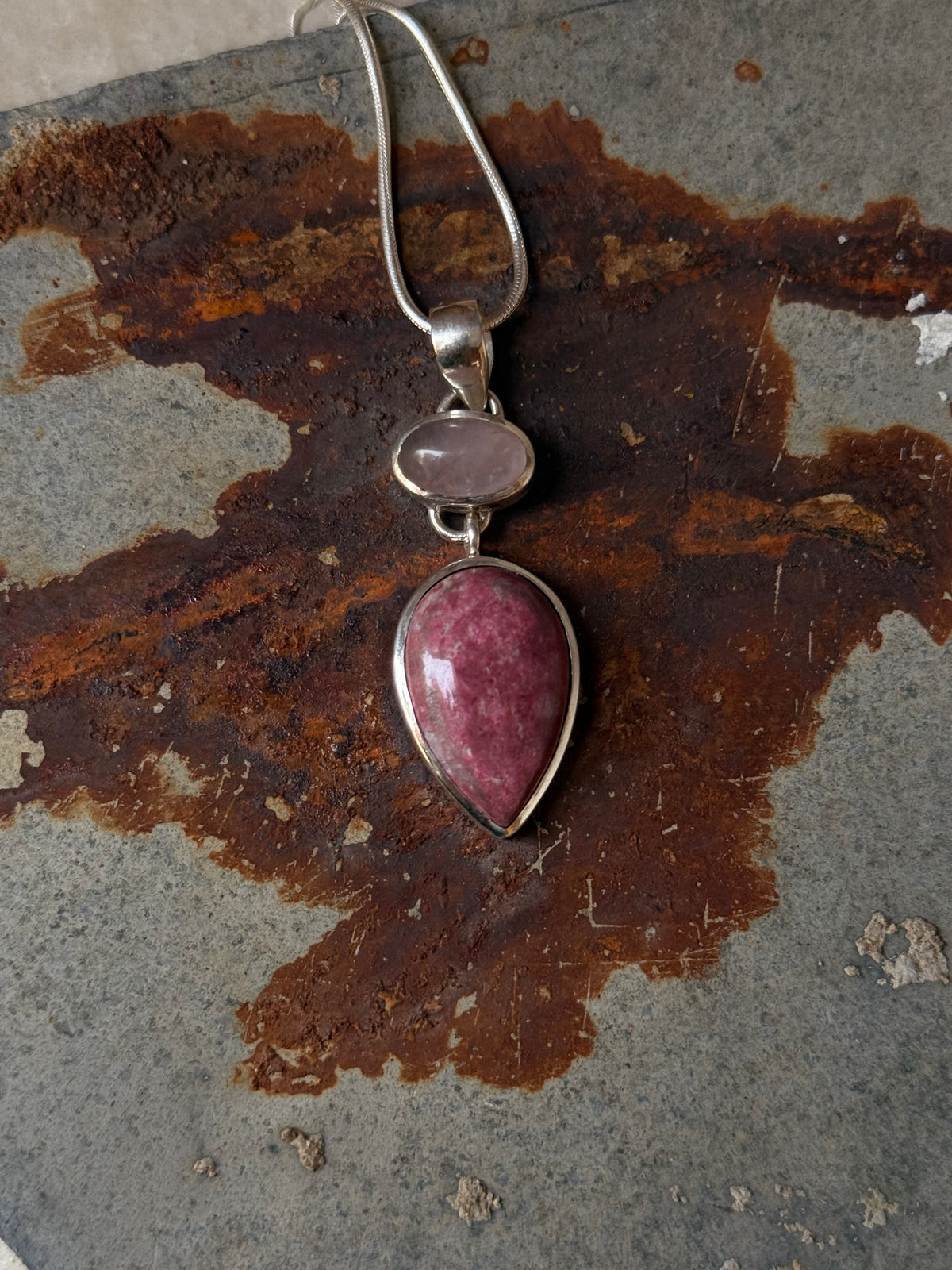 925 Sterling Silver Rose Quartz Oval, Rhodochrosite Pear Handcrafted One of a Kind Pendant