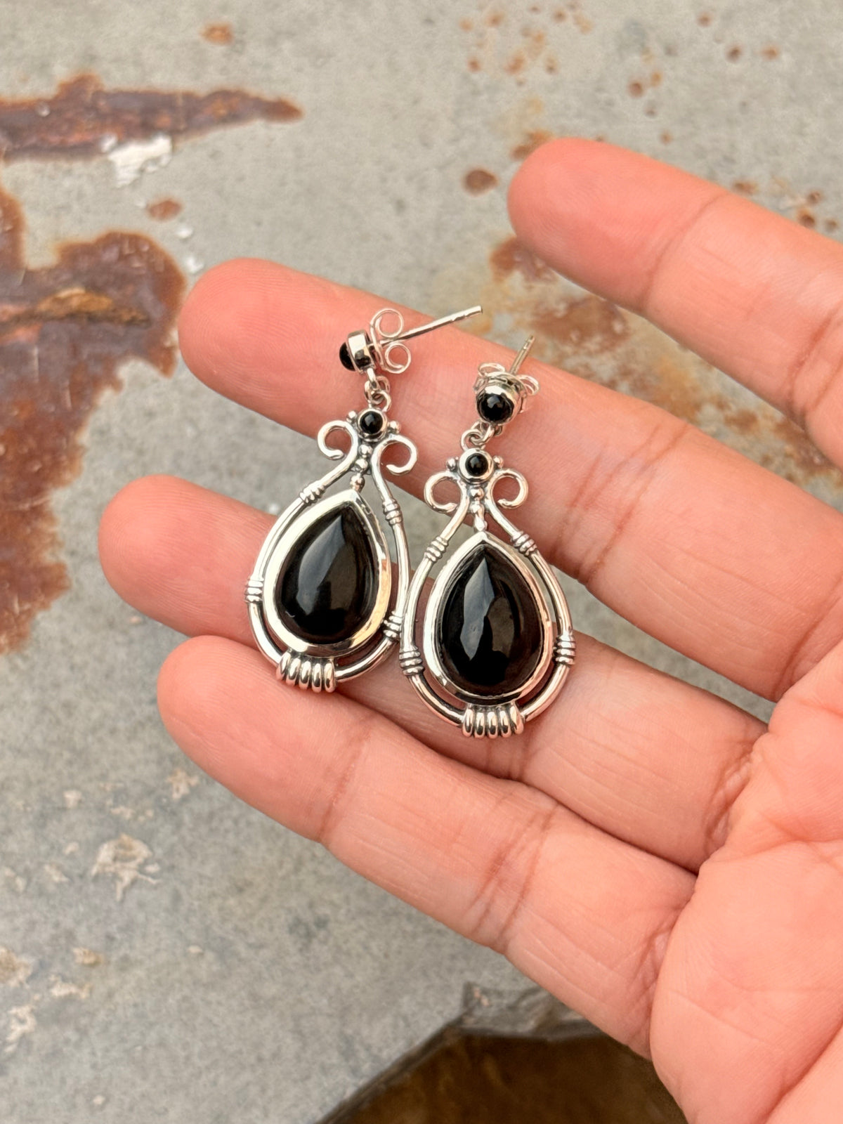 925 Sterling Silver Black Onyx Pear Gothic Handcrafted Studs Earrings