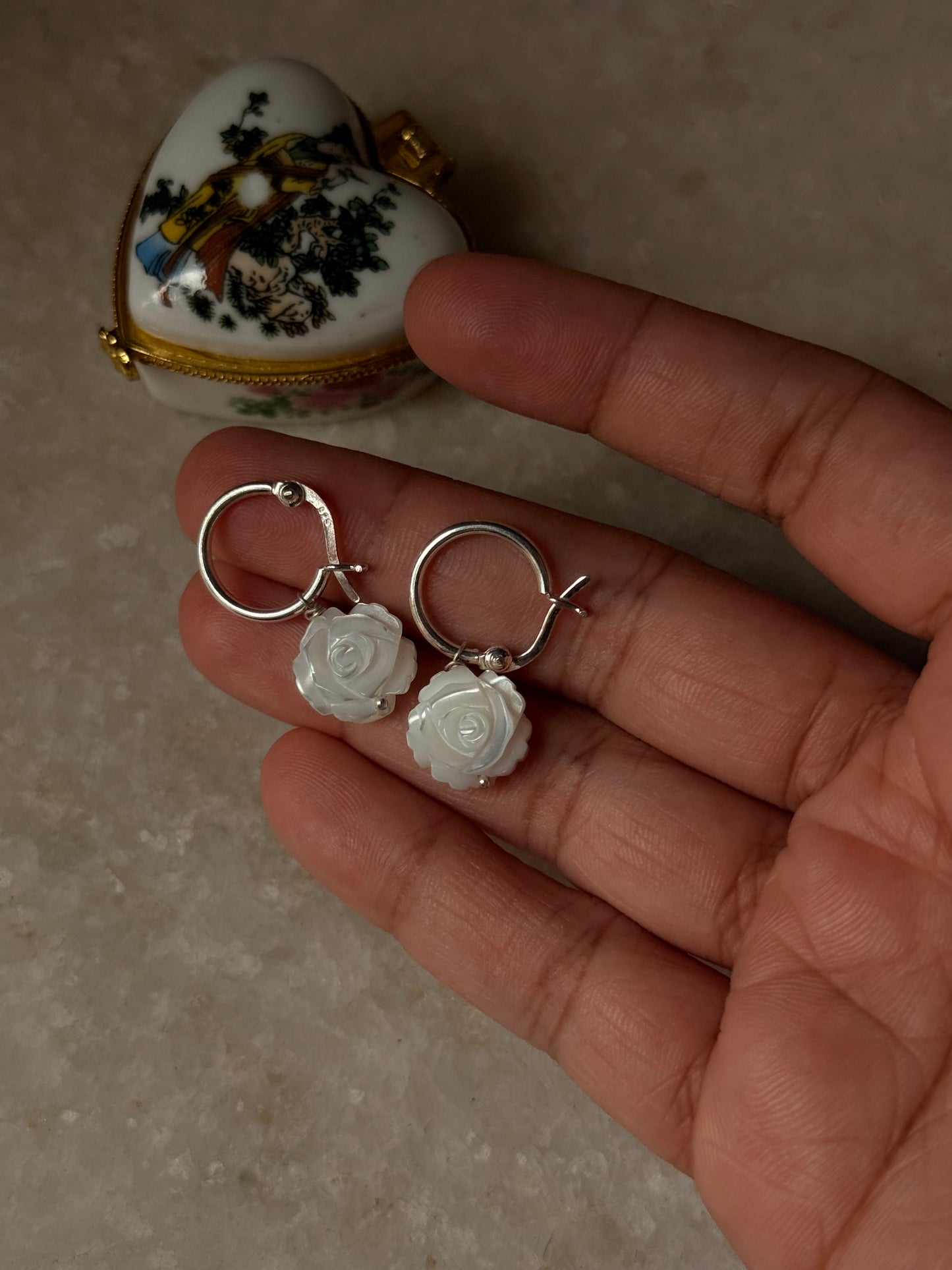 925 Sterling Silver Mother of Pearl Rose Carved Charm Italian Hoops
