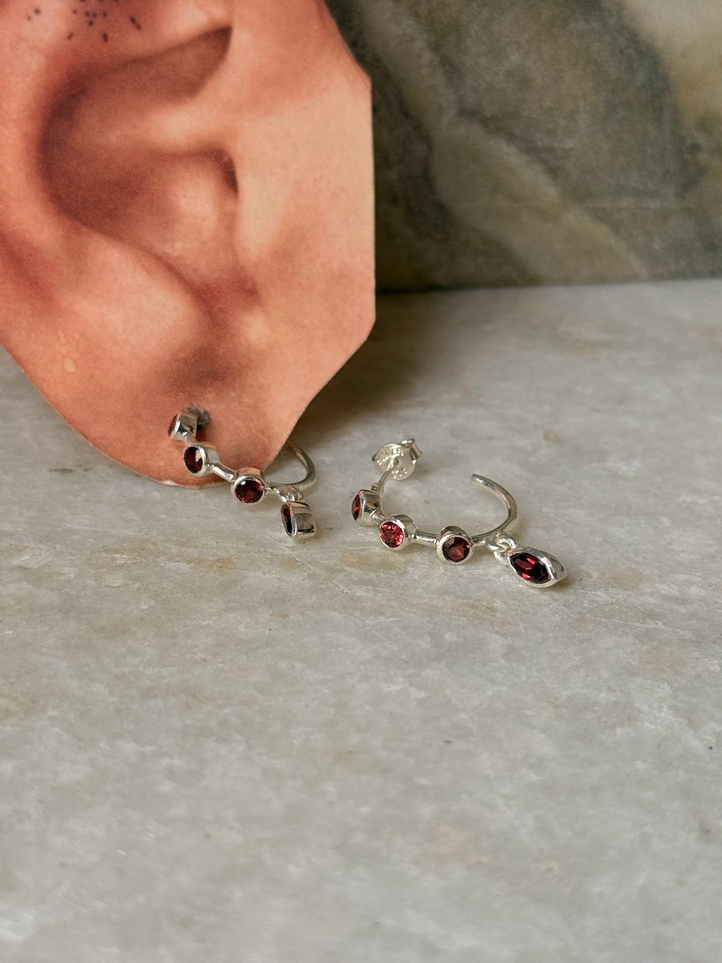 925 Sterling Silver Garnet Half Hoops Earrings