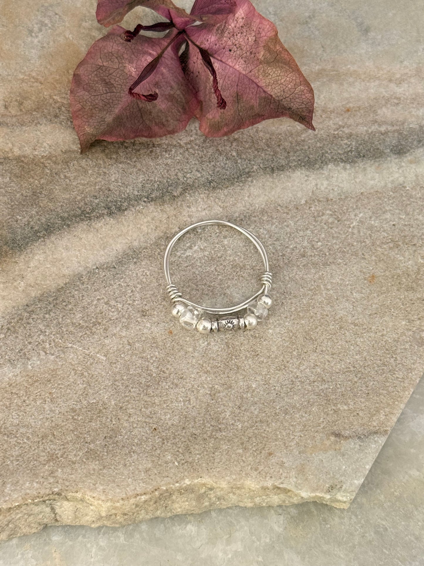 925 Sterling Silver Clear Quartz Sun Engraved Silver Bead Wire Wrapped Handcrafted Ring