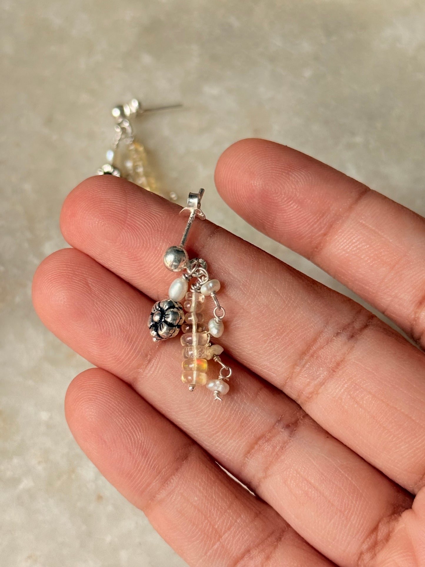 925 Sterling Silver Ethiopian Opals & Fresh Water Pearls Hand beaded , Floral Charm Handcrafted Studs Earrings